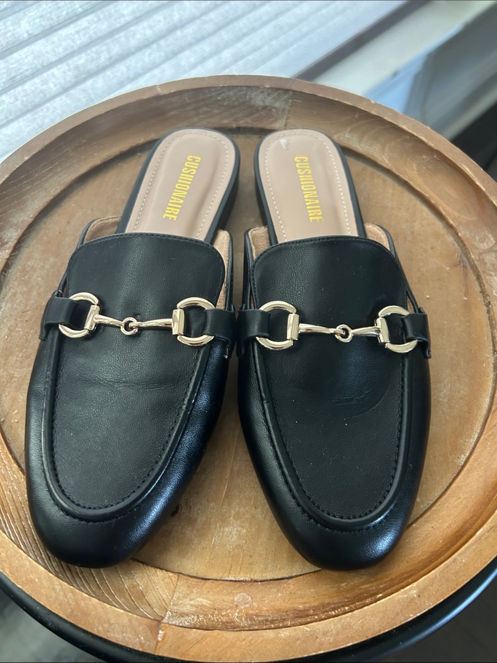 Cushionaire Black Leather Backless Mules with Gold Bit